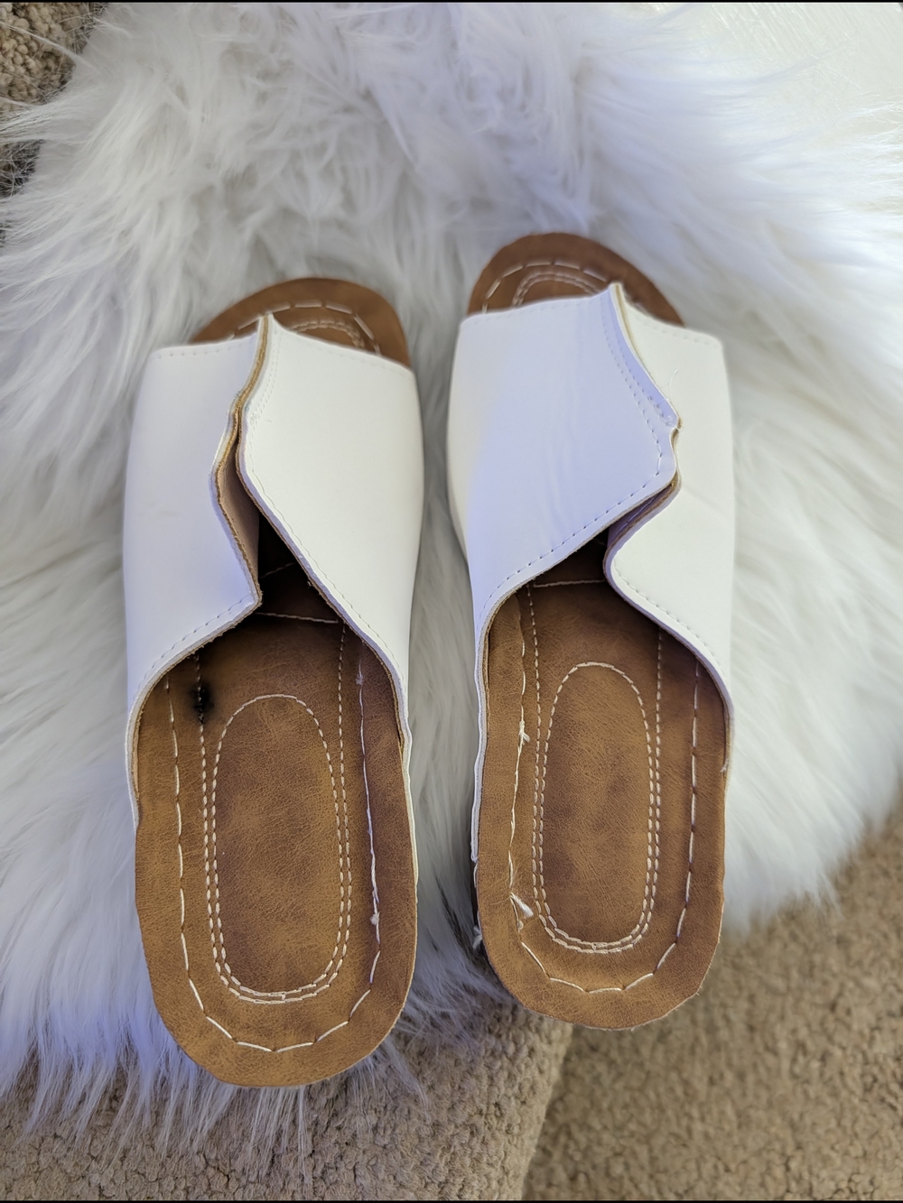 White Slide Sandals with Brown Footbed